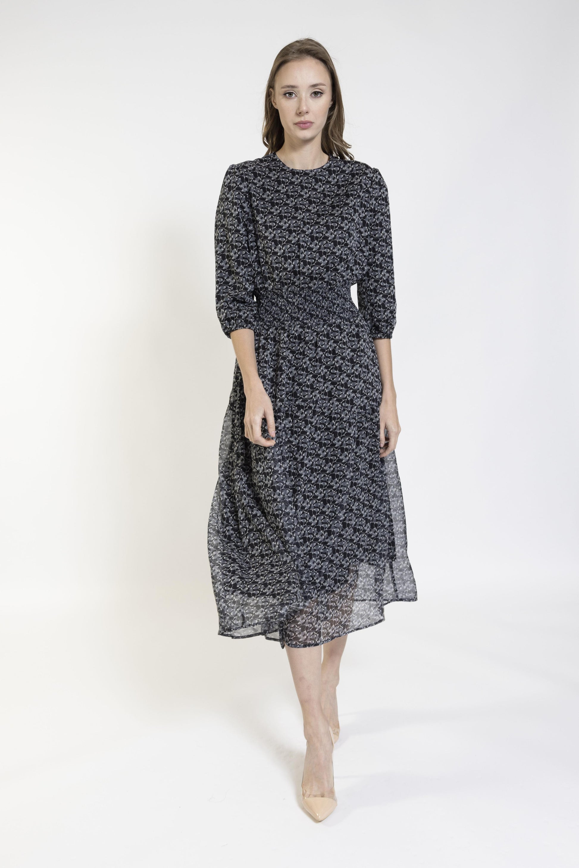 Black Print Smocking Waist Dress