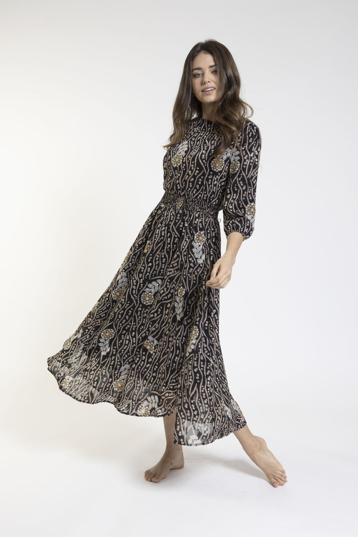 Black Print Smocking Waist And Elastic Cuff Dress