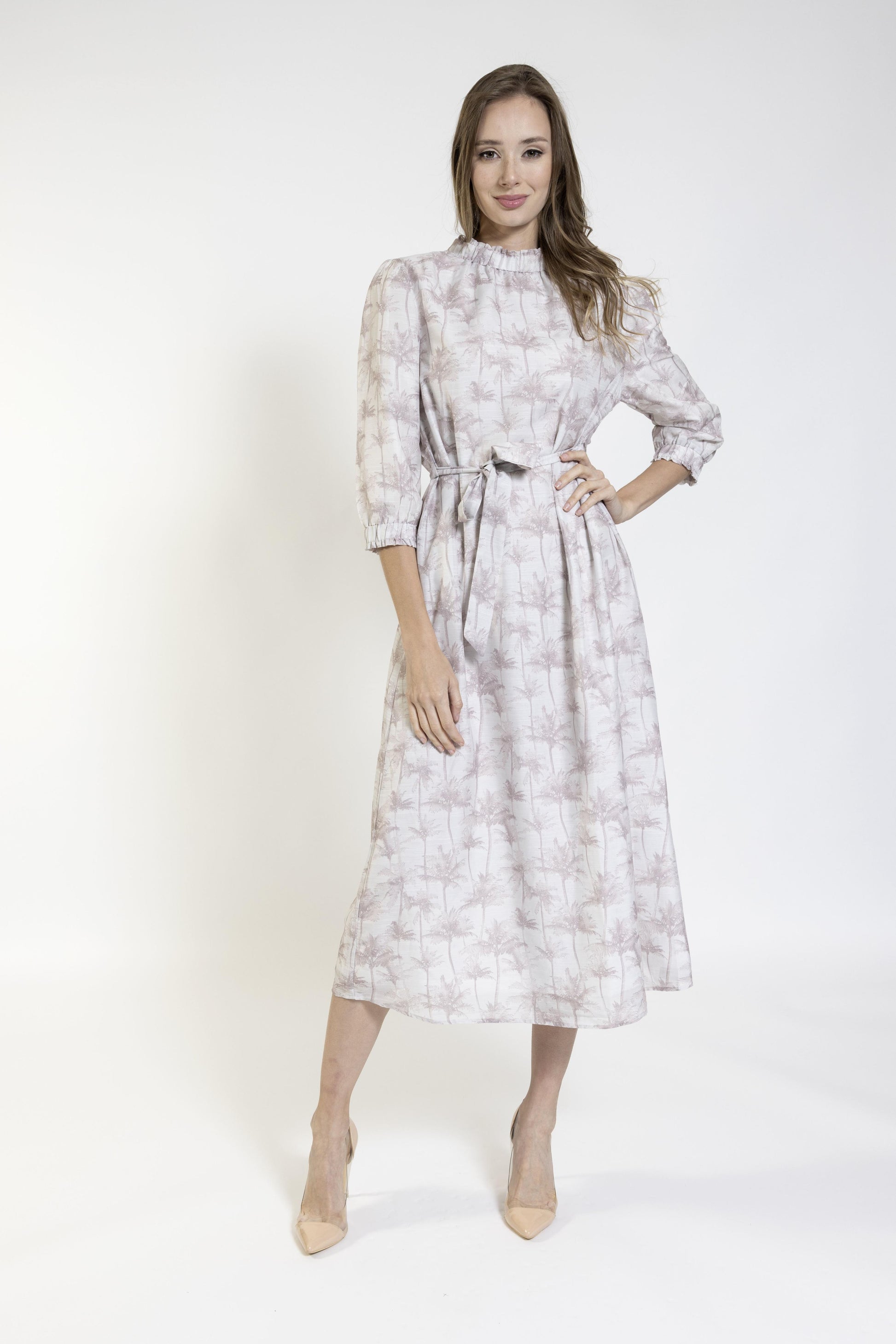 Pink Print Elast Neck And Cuff Dress