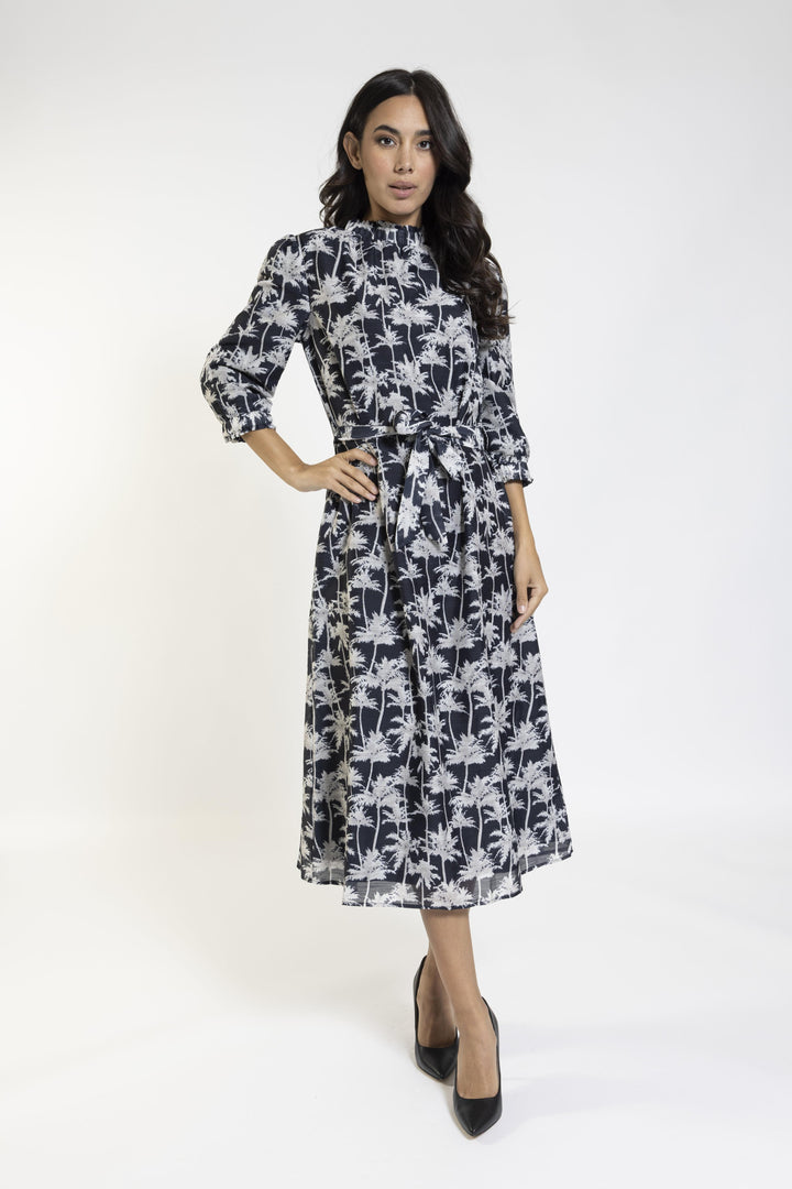 Navy Print Elast Neck And Cuff Dress