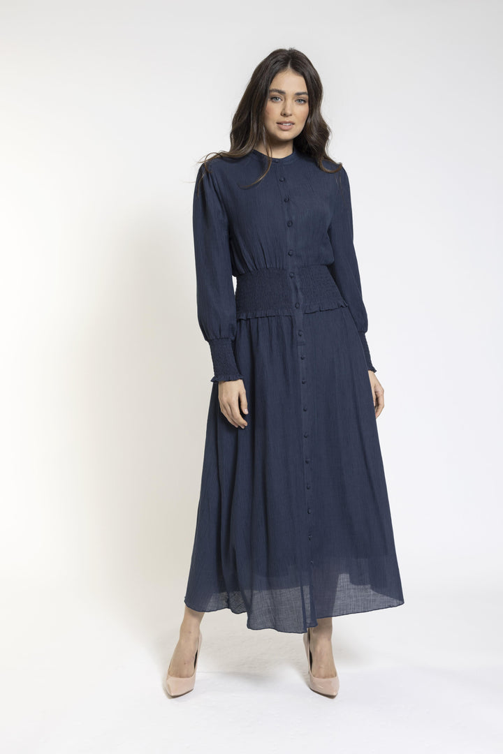 Navy Dress With Smocking Waist And Tie