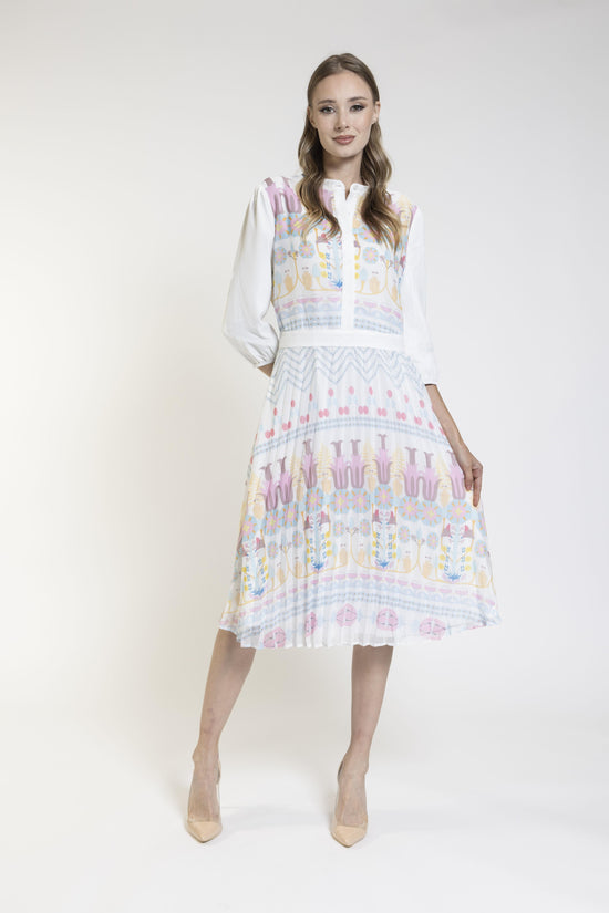 White Print Pleat Bottom Dress