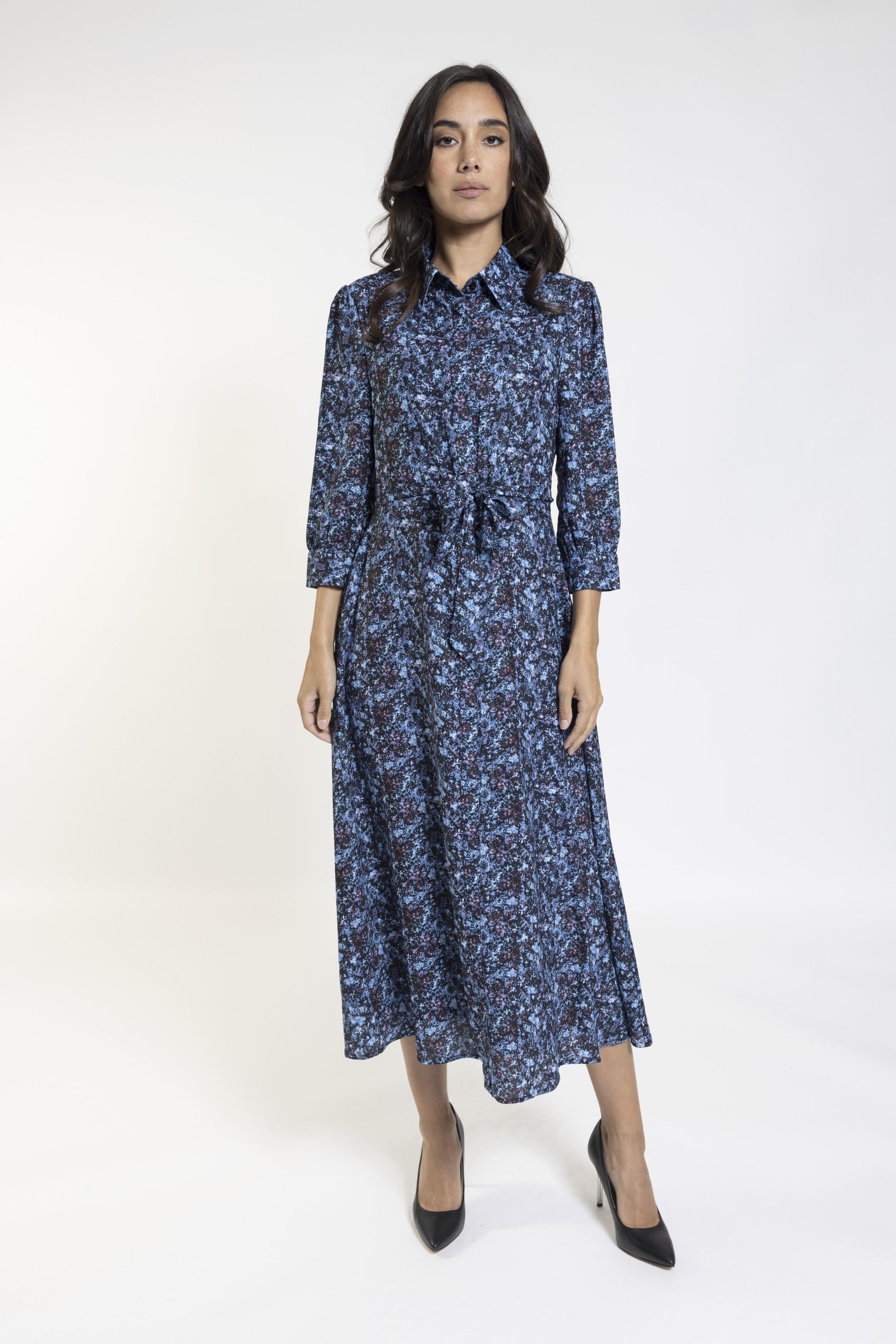 Blue Floral Print Dress With Belt