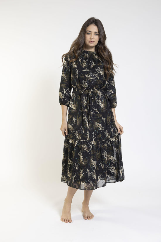 Black Print Dress With Waist Tie