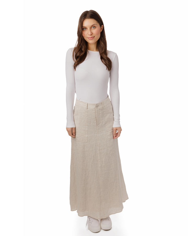 Oatmeal Linen Short Placket Skirt With Pockets