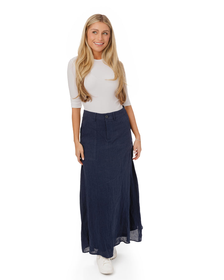 Navy Linen Short Placket Skirt With Pockets