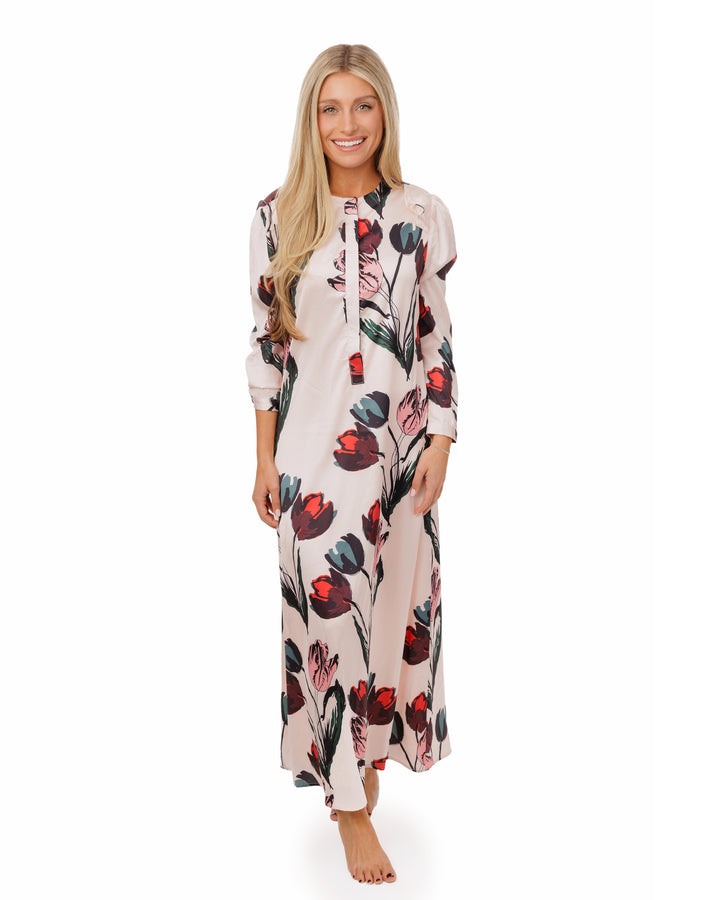 Pink Base Multiflowered Printed Hidden Placket Satin Dress